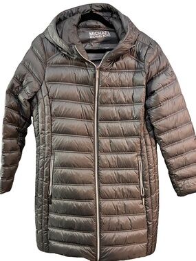 Michael Kors Women's Gray Quilted Hooded Long Puffer Coat
